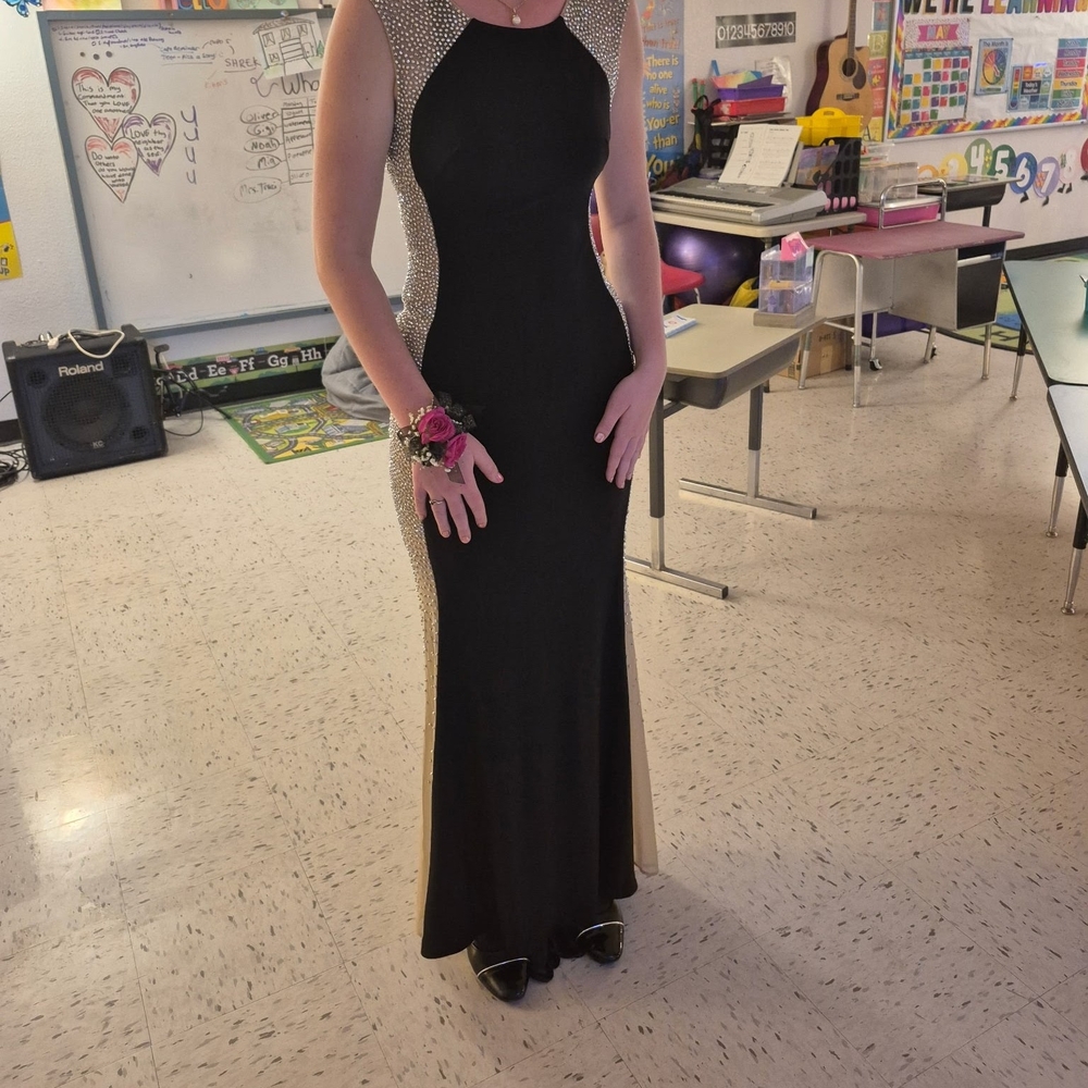Xscape Black and Pink Halter Bodycon Prom Gown